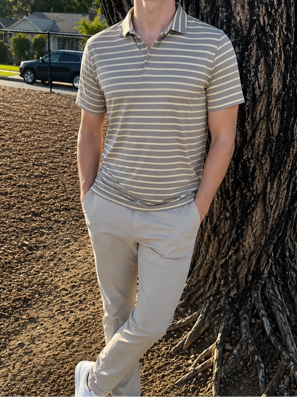 Fabletics Striped Polo in Gray and Yellow